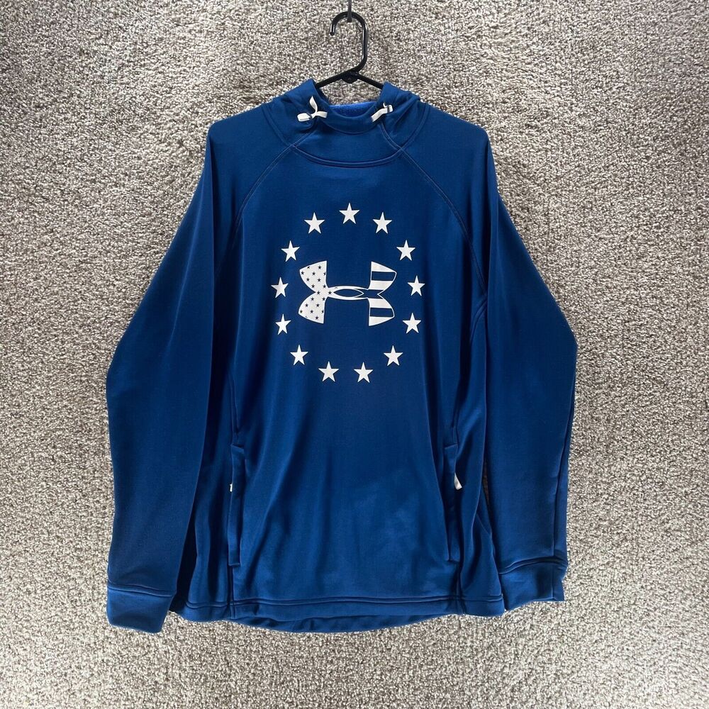 Under Armour Hoodie Sweatshirt Mens Medium Blue Stars Logo Pullover Adult Loose